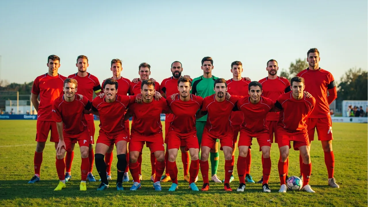 Vereinsmannschaft in Trikots beim Aufstellungsfoto auf dem Platz