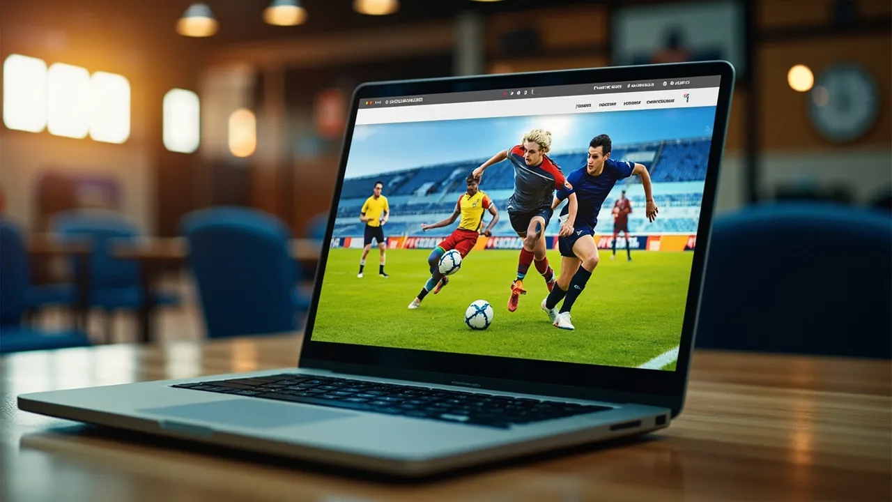 Symbolbild: Mannschaft auf dem Sportplatz, im Vordergrund ein Tablet, das die Vereins-Website mit Spielplan und Kader zeigt